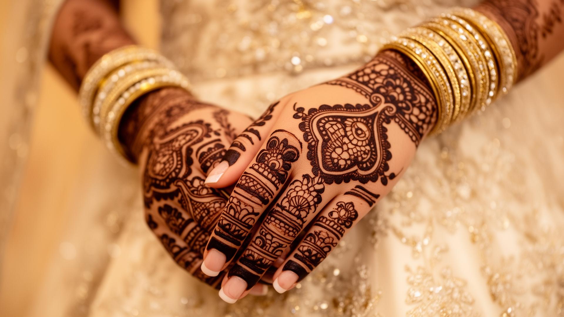 Intricate bridal mehndi on hands with gold bangles